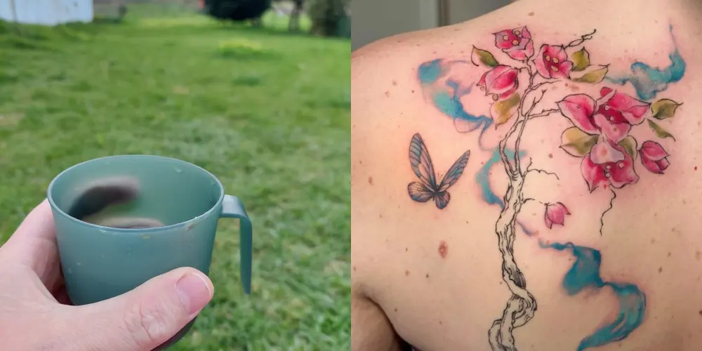 Vista durante o café da manhã versus Natureza tatuada